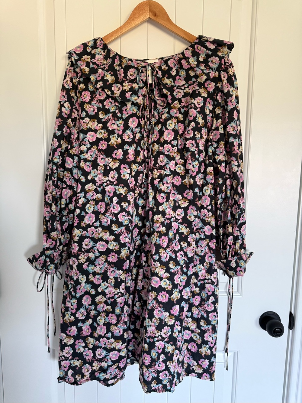 H&M Flounced Collared Floral Mini Babydoll Dress Long Sleeve Pink Black Size XL